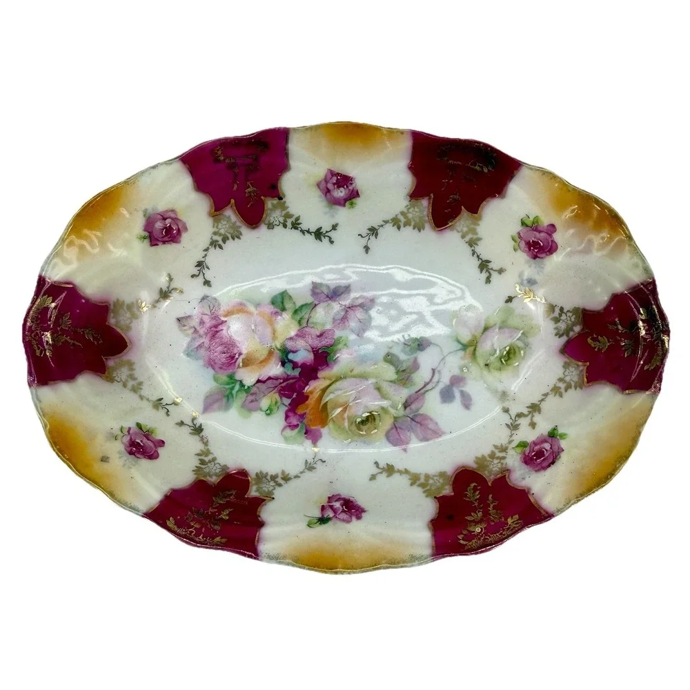Vintage BT Co‎ Germany Porcelain Dish Hand Painted Gold Trim Floral Oval 6.5